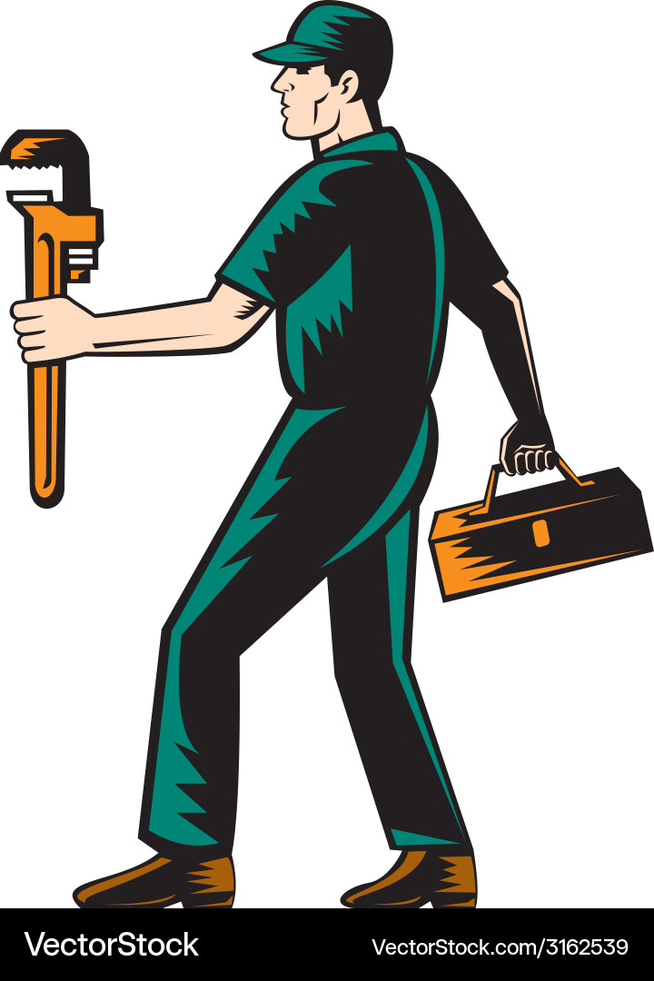 Plumber walking carry toolbox wrench woodcut Vector Image