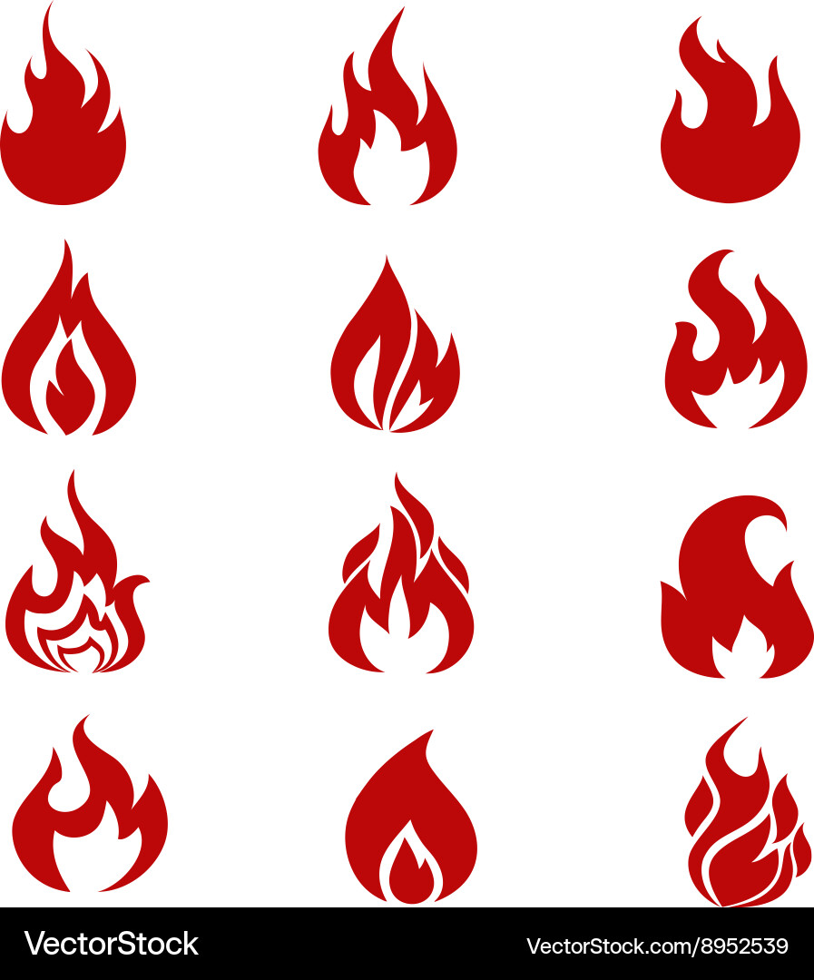 Red fire flames symbols icons set vector image