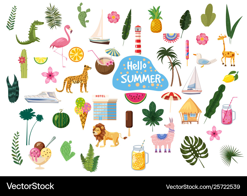 Set süße trendige hello Sommer Ikonen Essen Getränke Set süße trendige hello Sommer Ikonen Essen Getränke vektorbild