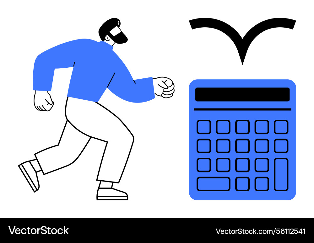 Man sprinting toward large calculator with bird Man sprinting toward large calculator with bird vector image