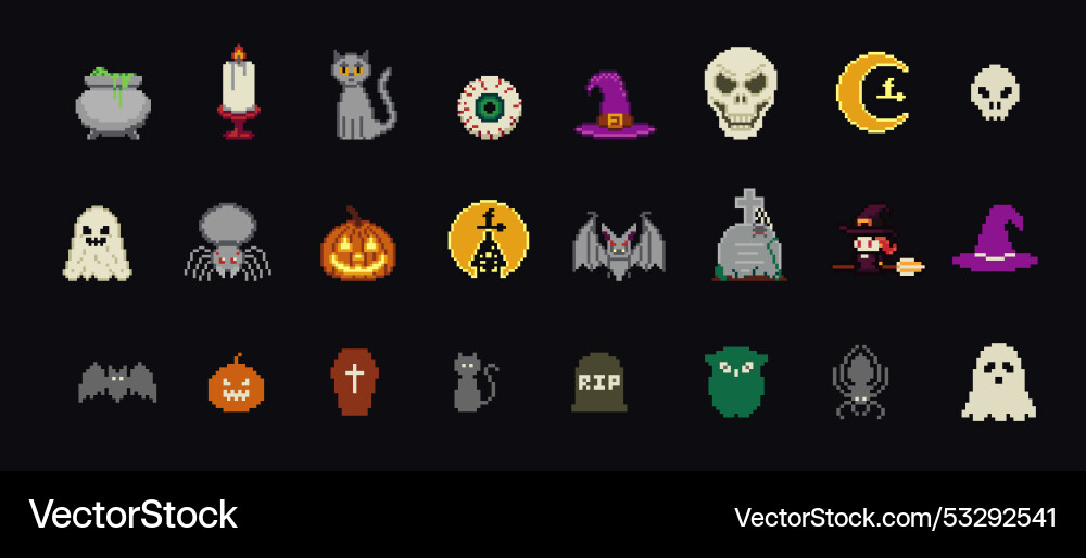 Pixel art halloween icons and objects 8-bit Vector Image