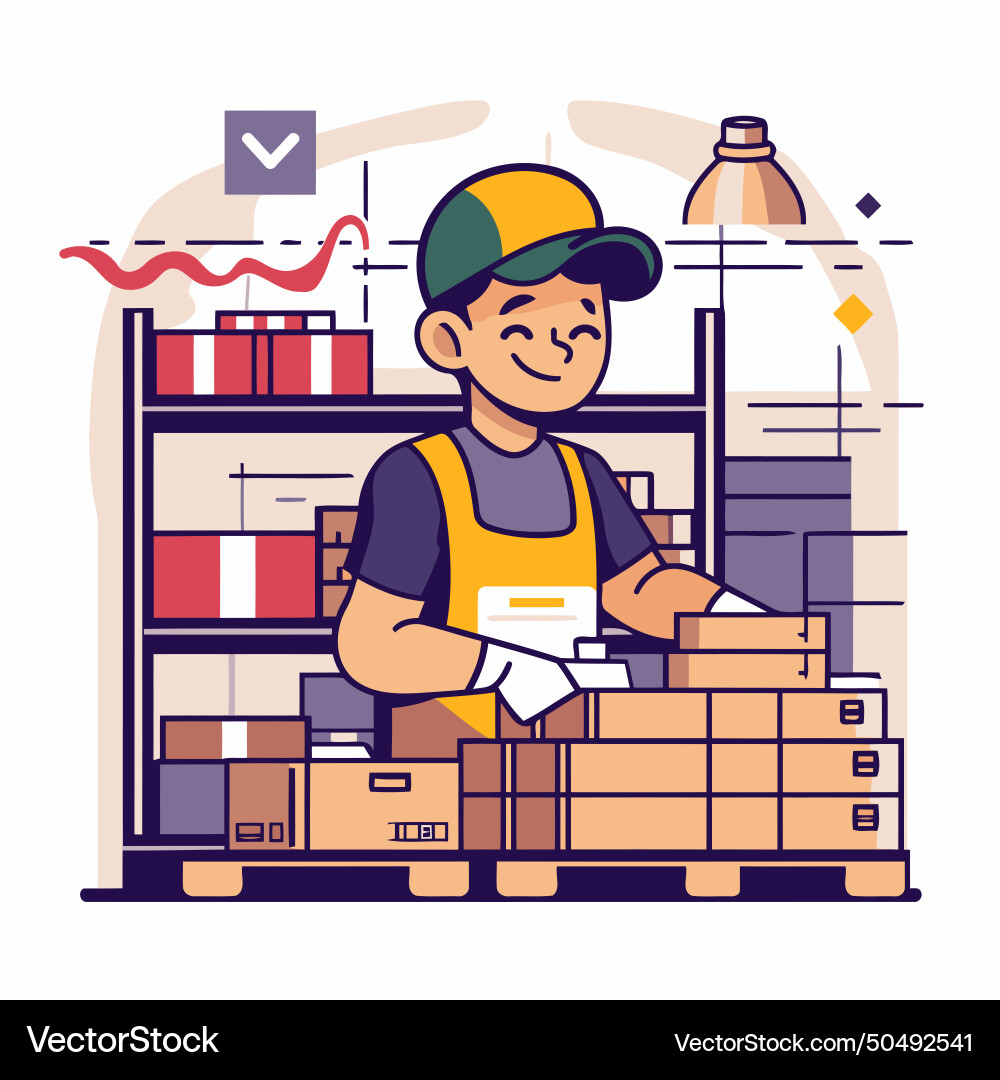 Warehouse worker in uniform and cap with boxes Vector Image
