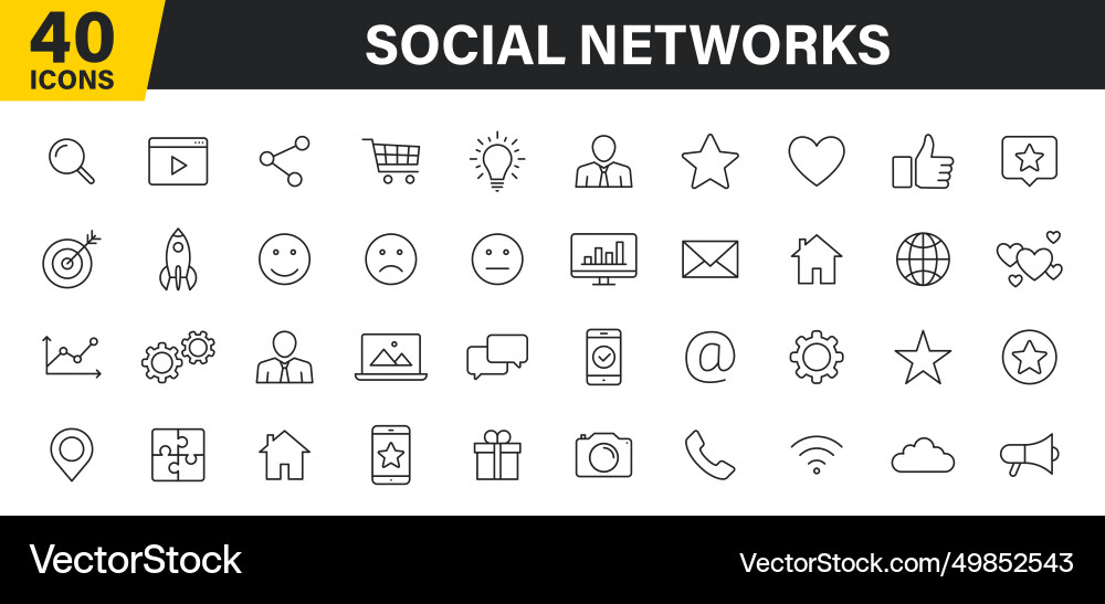 Set of 40 social networks web icons in line style Set of 40 social networks web icons in line style vector image