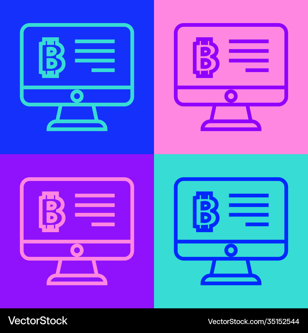 Pop art line mining bitcoin from monitor icon vector image