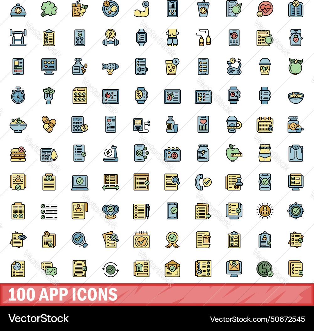 100 app icons set color line style 100 app icons set color line style vector image