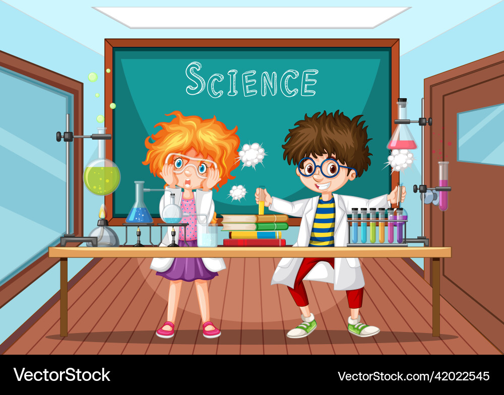 Classroom scene with scientist doing experiment Classroom scene with scientist doing experiment vector image