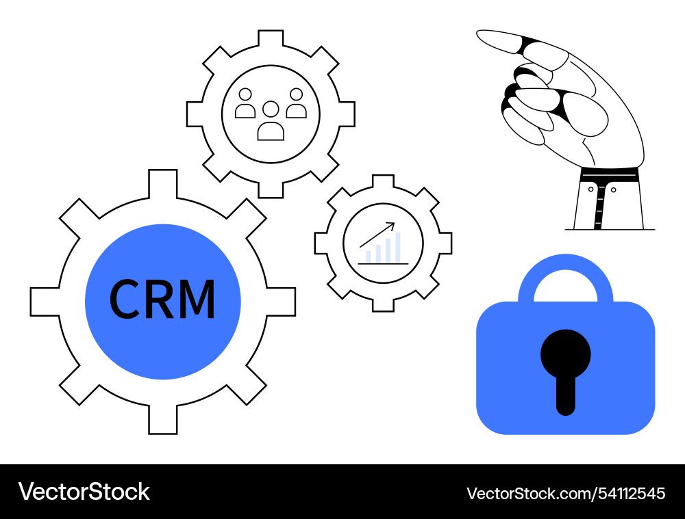Crm system with robotic hand lock and gears Crm system with robotic hand lock and gears vector image