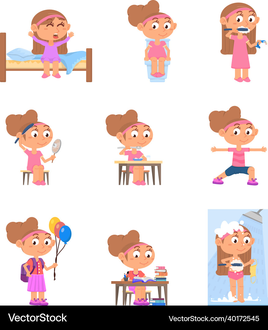 Girl daily routine cute child active day school Vector Image