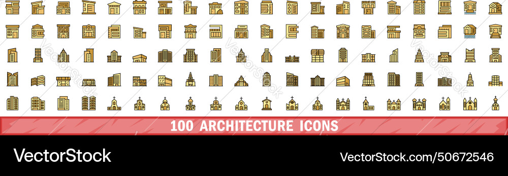 100 architecture icons set color line style 100 architecture icons set color line style vector image