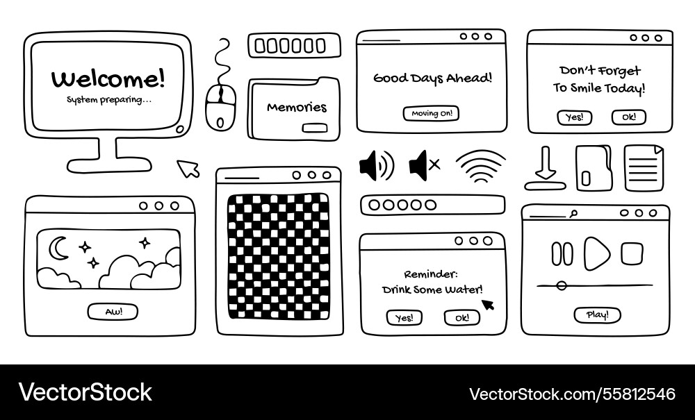 Computer windows and open dialog frames doodles Computer windows and open dialog frames doodles vector image