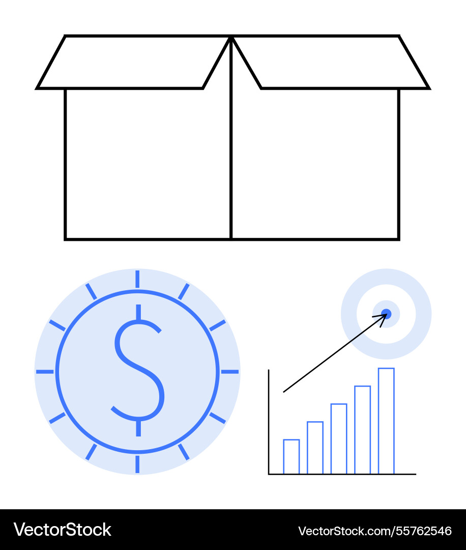 Open box with currency sign bar chart and target Open box with currency sign bar chart and target vector image