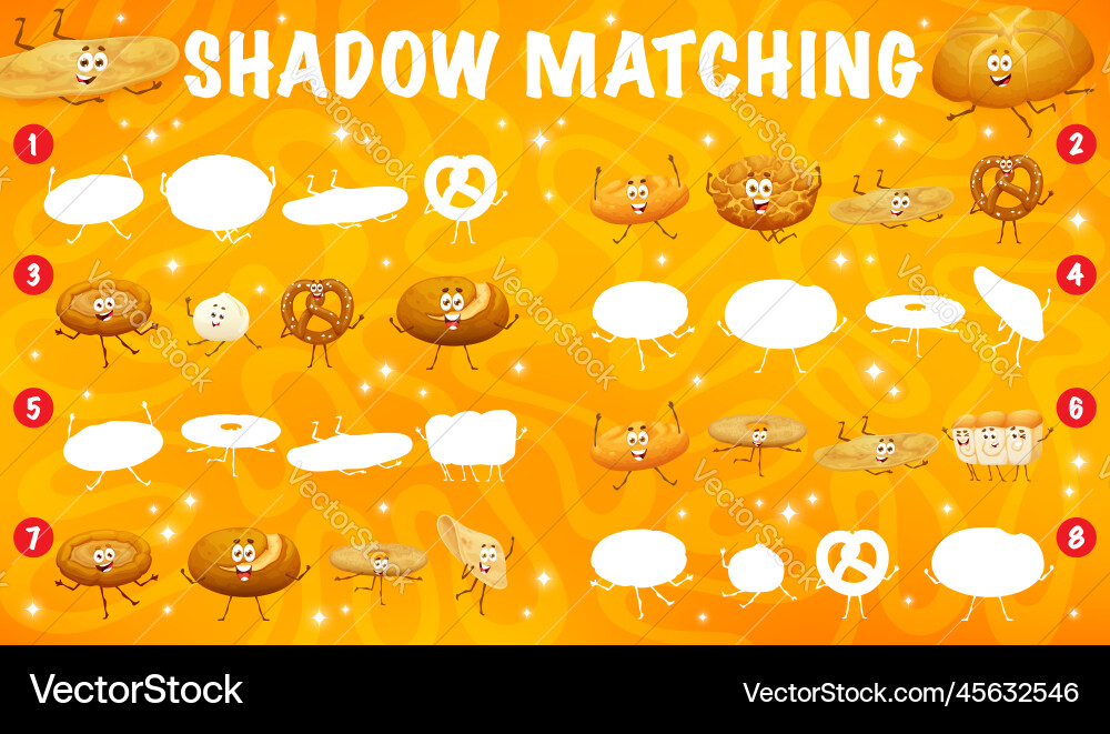 Shadow matching game with cartoon bread characters Shadow matching game with cartoon bread characters vector image