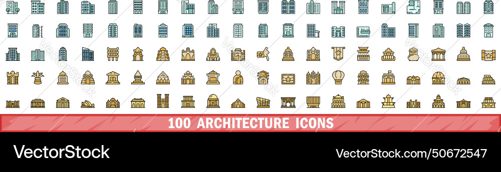 100 architecture icons set color line style 100 architecture icons set color line style vector image