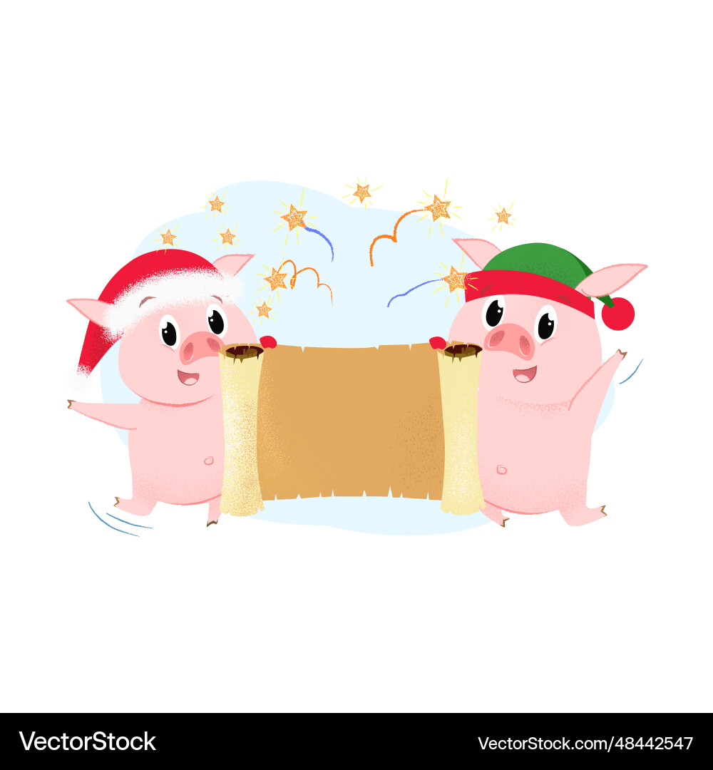 Cheerful new year piglets showing scroll Cheerful new year piglets showing scroll vector image