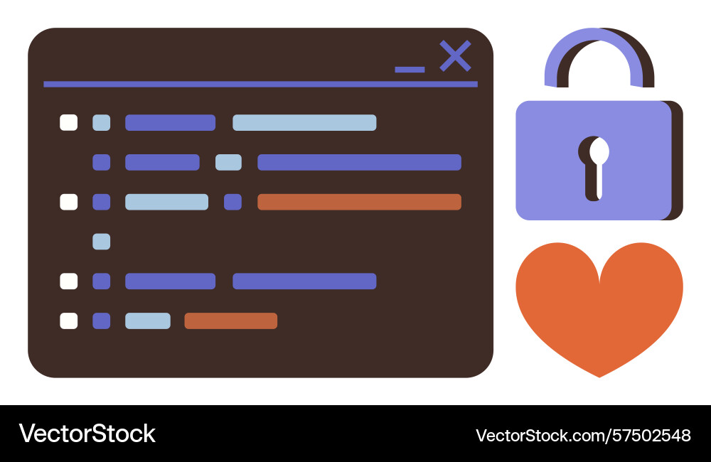 Code window with padlock and heart representing vector image