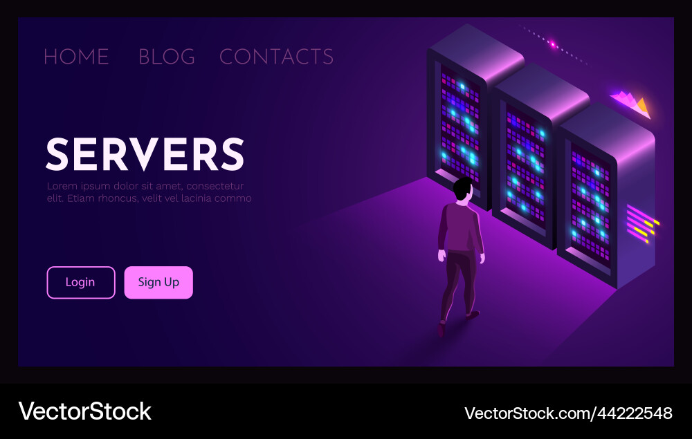 Man stands in front of servers system Man stands in front of servers system vector image