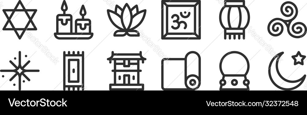 Set 12 thin outline icons such as islam yoga Set 12 thin outline icons such as islam yoga vector image