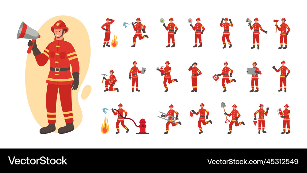 Firefighter set fireman characters in different Vector Image