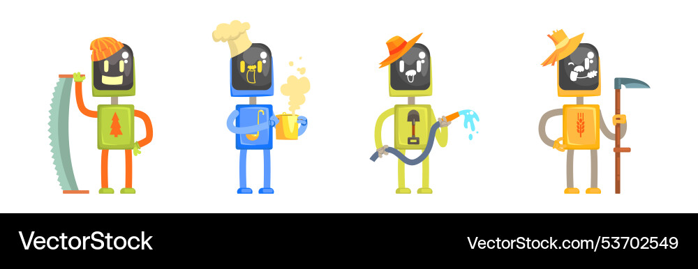 Robot character of different profession with tool Robot character of different profession with tool vector image