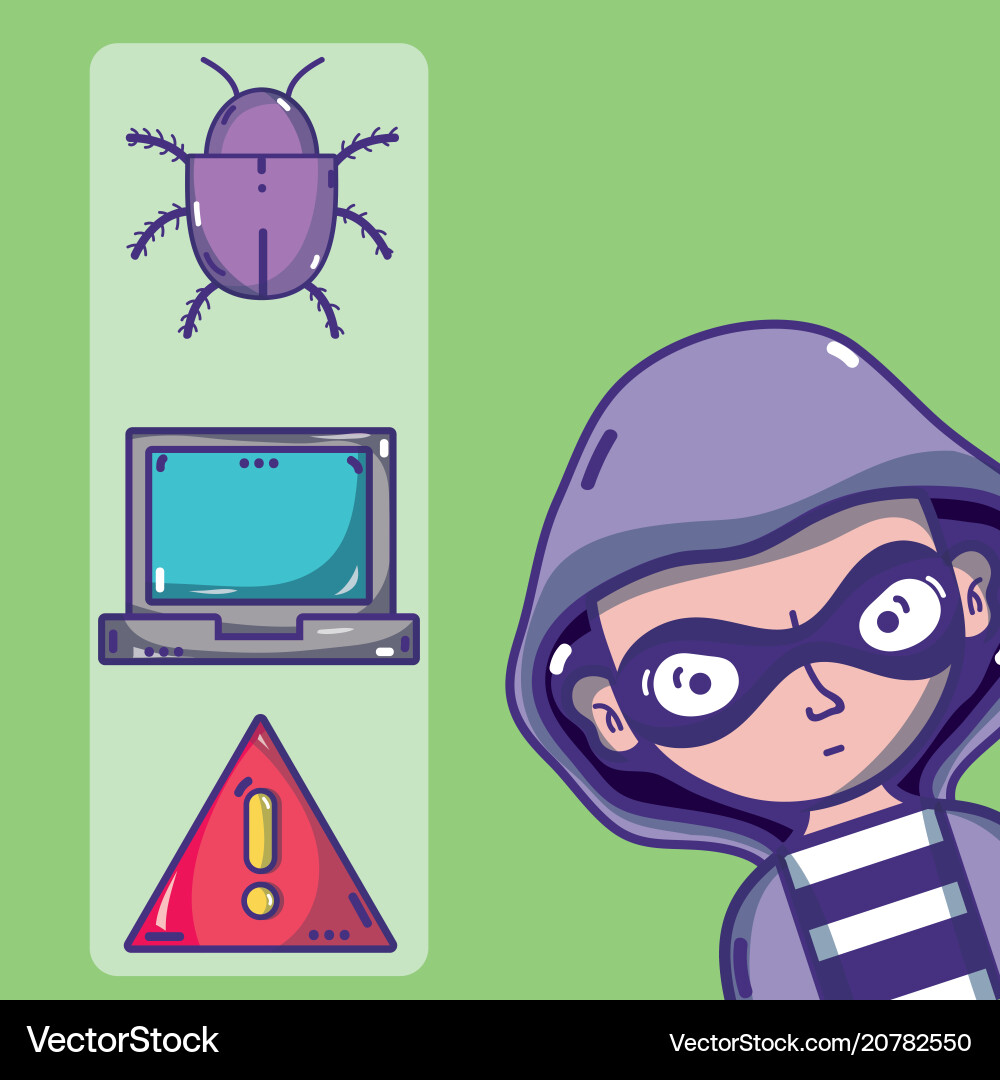 Hacker with cybercrimes and virus symbols vector image