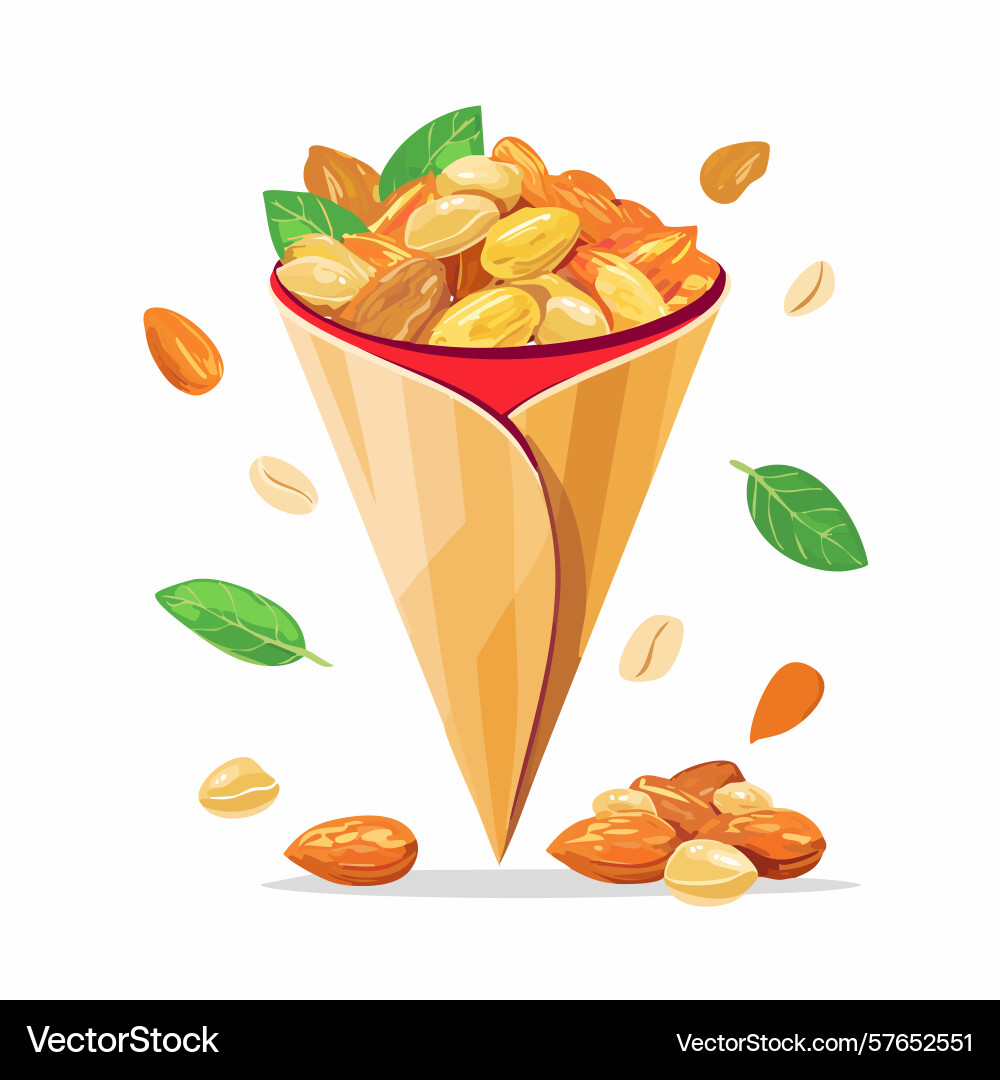 Assorted nuts in a waffle cone with scattered Assorted nuts in a waffle cone with scattered vector image
