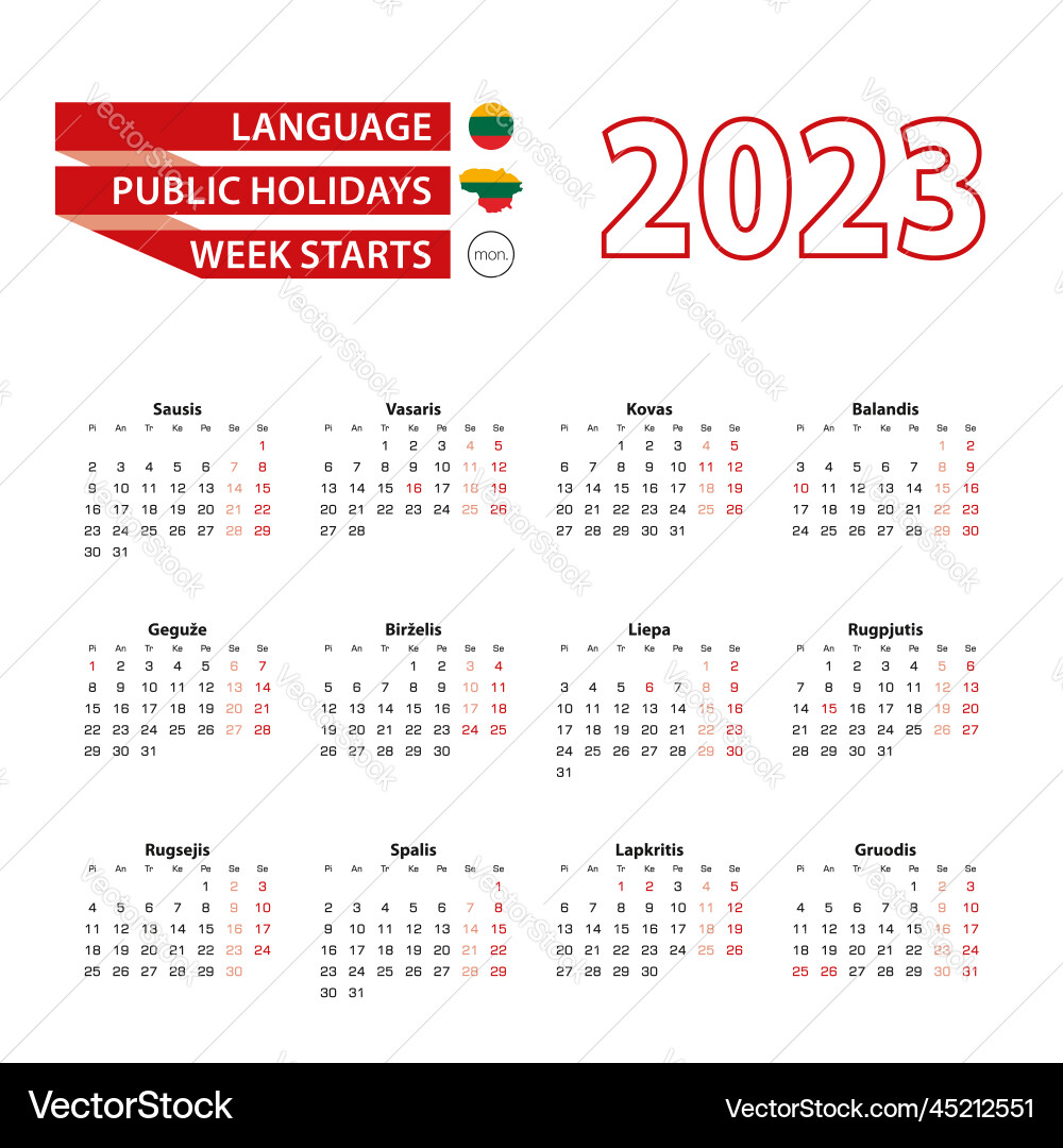 Calendar 2023 in lithuanian language with public Vector Image