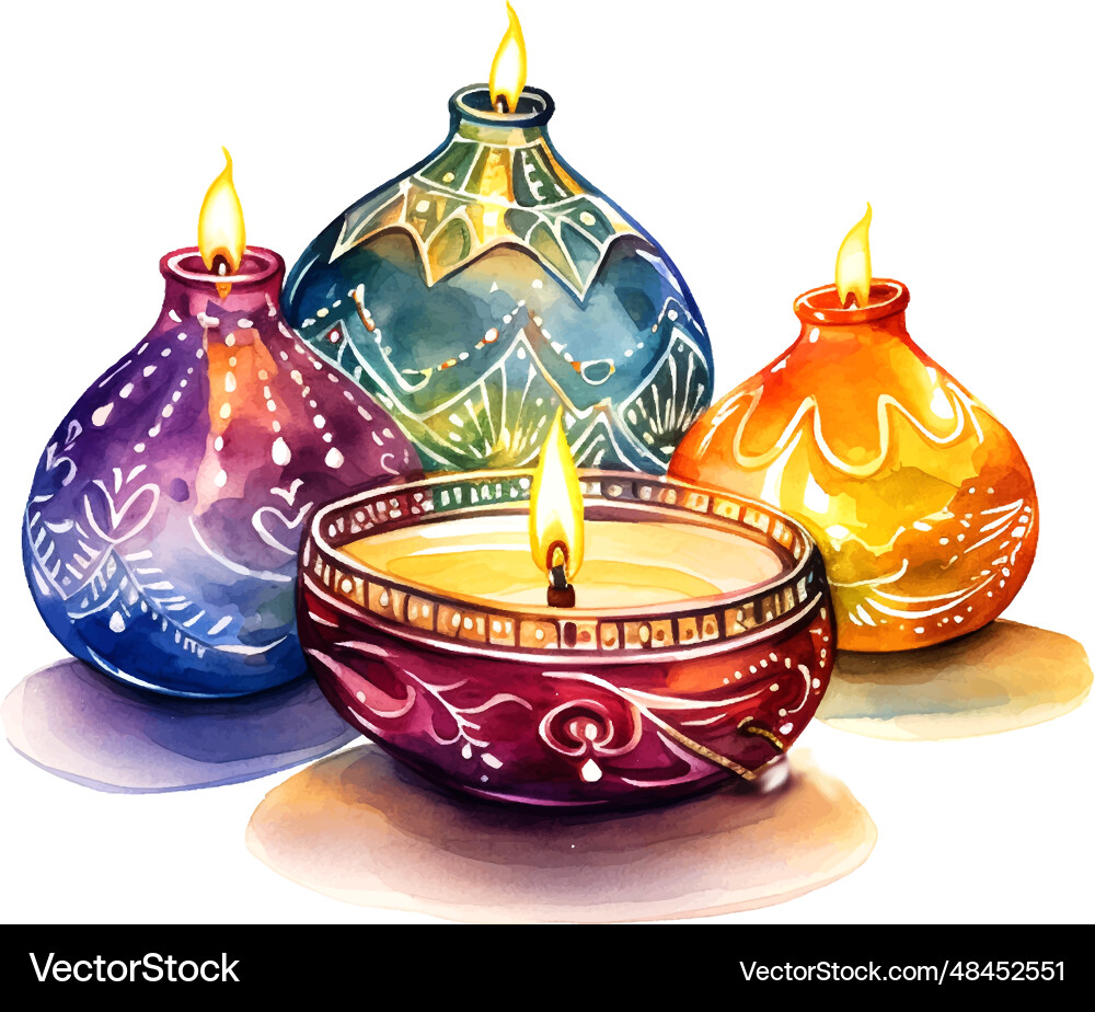 Diwali oil lamps watercolor on white background Diwali oil lamps watercolor on white background vector image