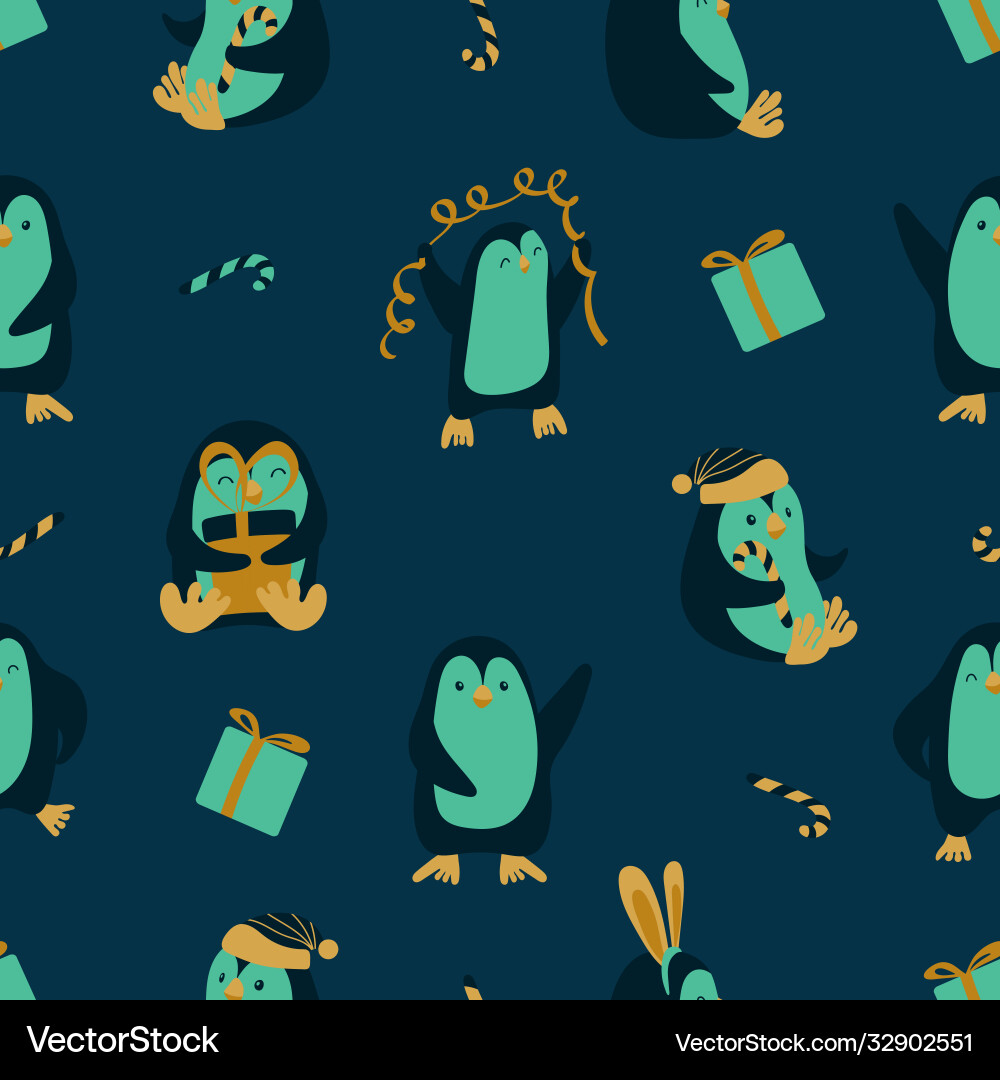 Seamless pattern with penguins on dark background Vector Image