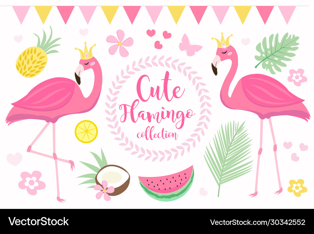 Cute princess pink flamingo set modern cartoon Cute princess pink flamingo set modern cartoon vector image