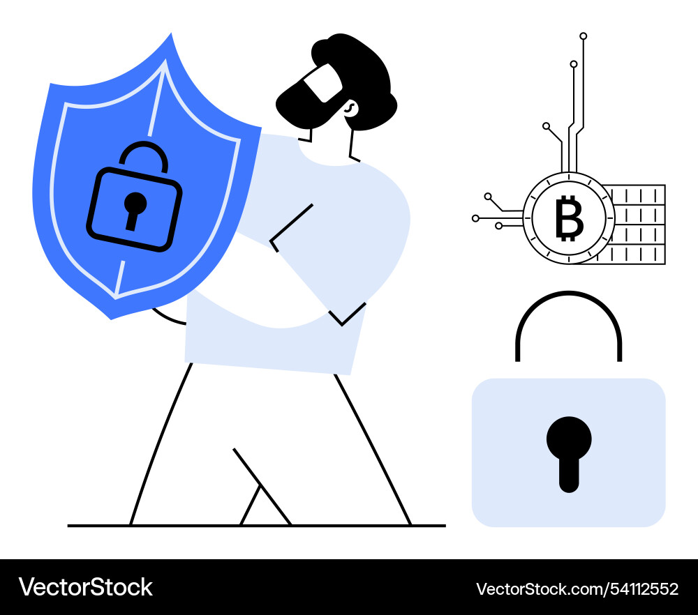 Man holding shield with lock symbol representing Man holding shield with lock symbol representing vector image