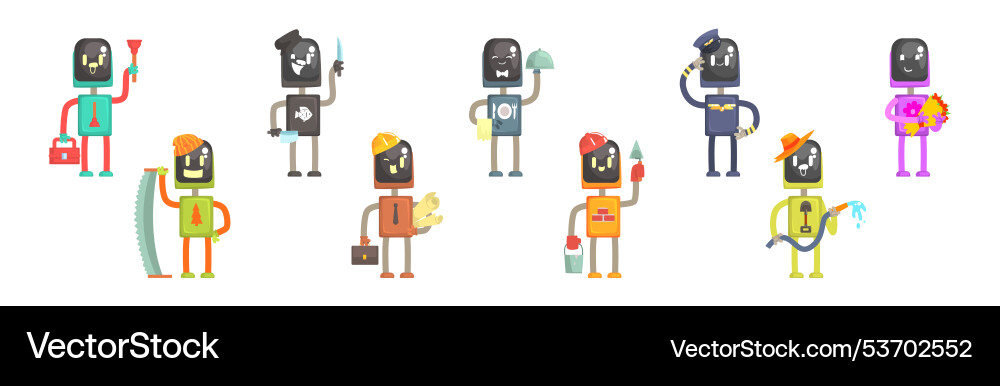 Robot character of different profession with tool Robot character of different profession with tool vector image