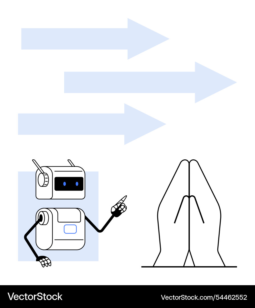 Robot interacting with folded hands and arrows Robot interacting with folded hands and arrows Vector Image