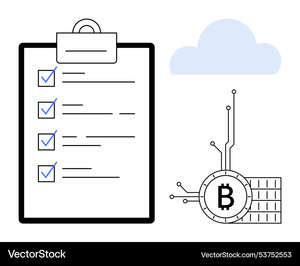 Checklist with bitcoin symbol and cloud in modern Checklist with bitcoin symbol and cloud in modern vector image