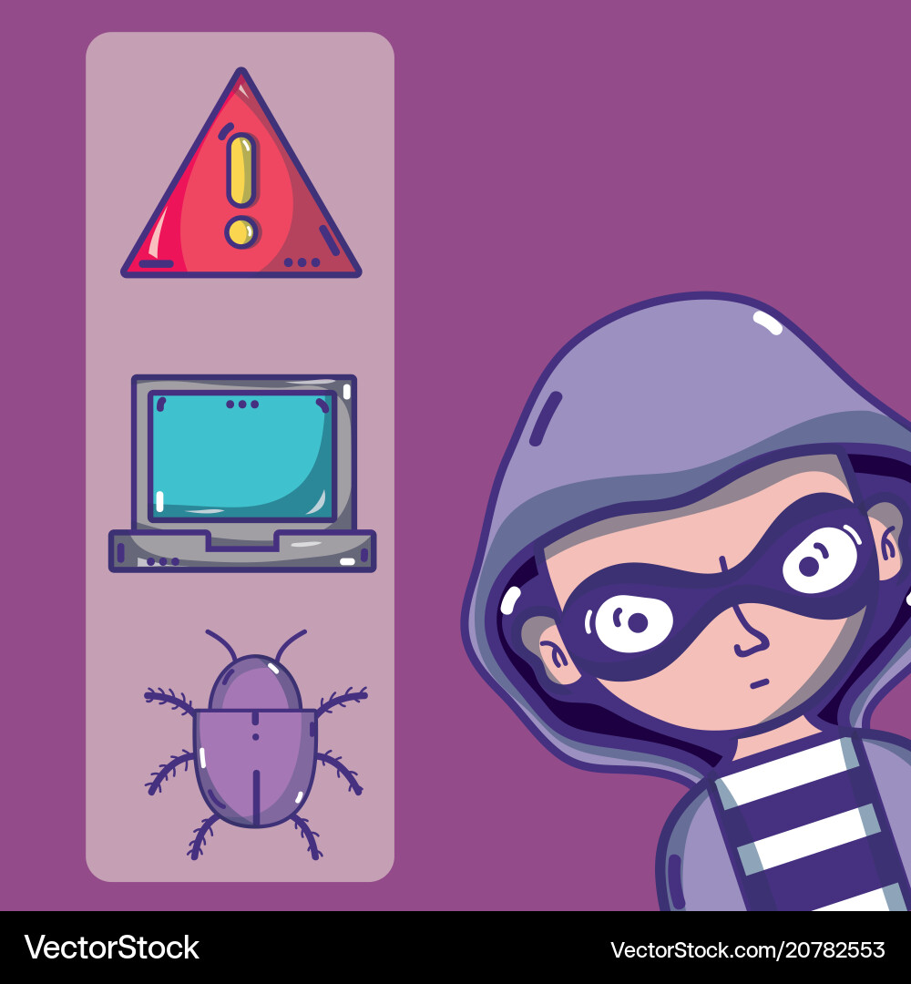 Hacker with cybercrimes and virus symbols vector image