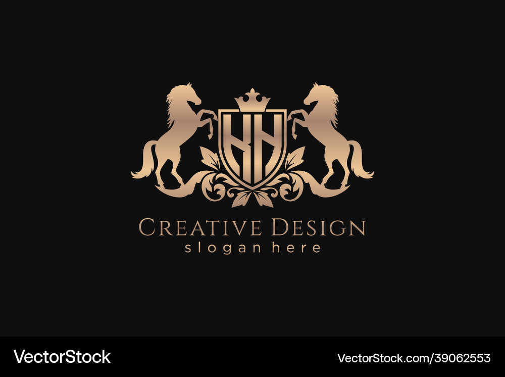 Initial kh retro golden crest with shield and two Initial kh retro golden crest with shield and two vector image