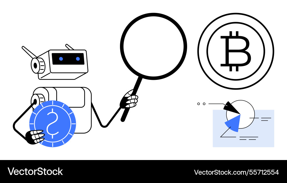 Robot analyzing cryptocurrency with magnifying Robot analyzing cryptocurrency with magnifying vector image
