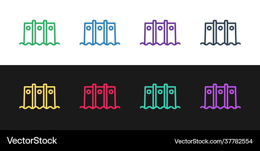 Set line hydroelectric dam icon isolated on black Set line hydroelectric dam icon isolated on black vector image