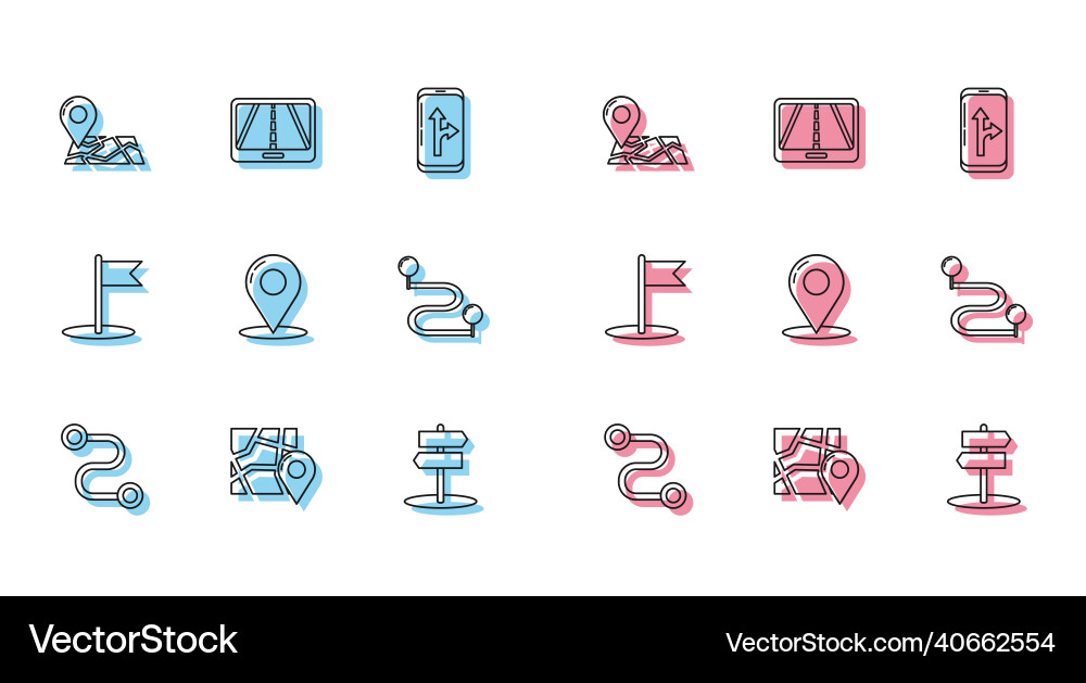Set line route location folded map with marker Set line route location folded map with marker vector image