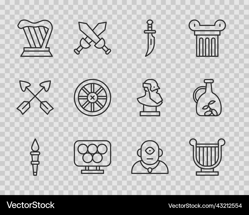 Set line torch flame ancient lyre dagger Set line torch flame ancient lyre dagger Vector Image
