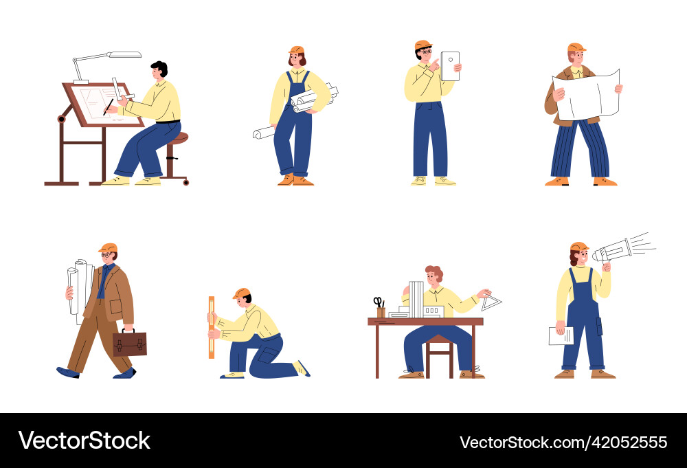 Architect and builder working process set Architect and builder working process set vector image