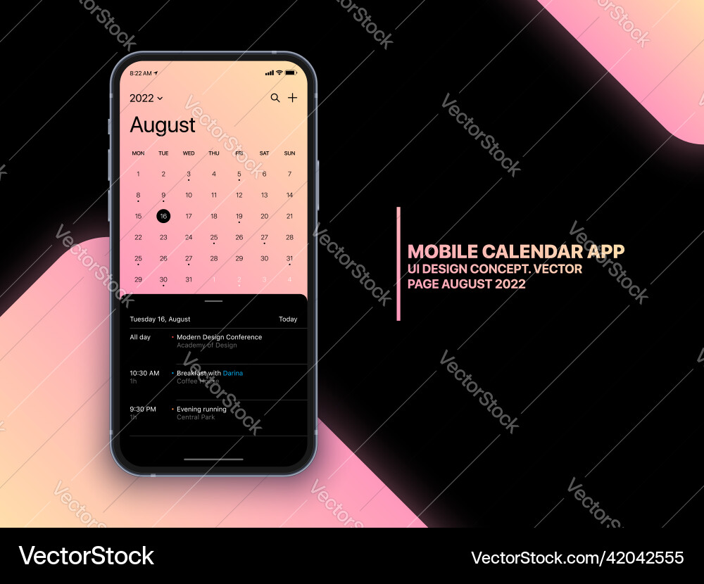 Mobile calendar app ui concept on realistic Vector Image