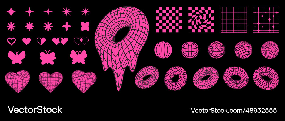 Retro y2k shapes and 3d wireframes grids vector image