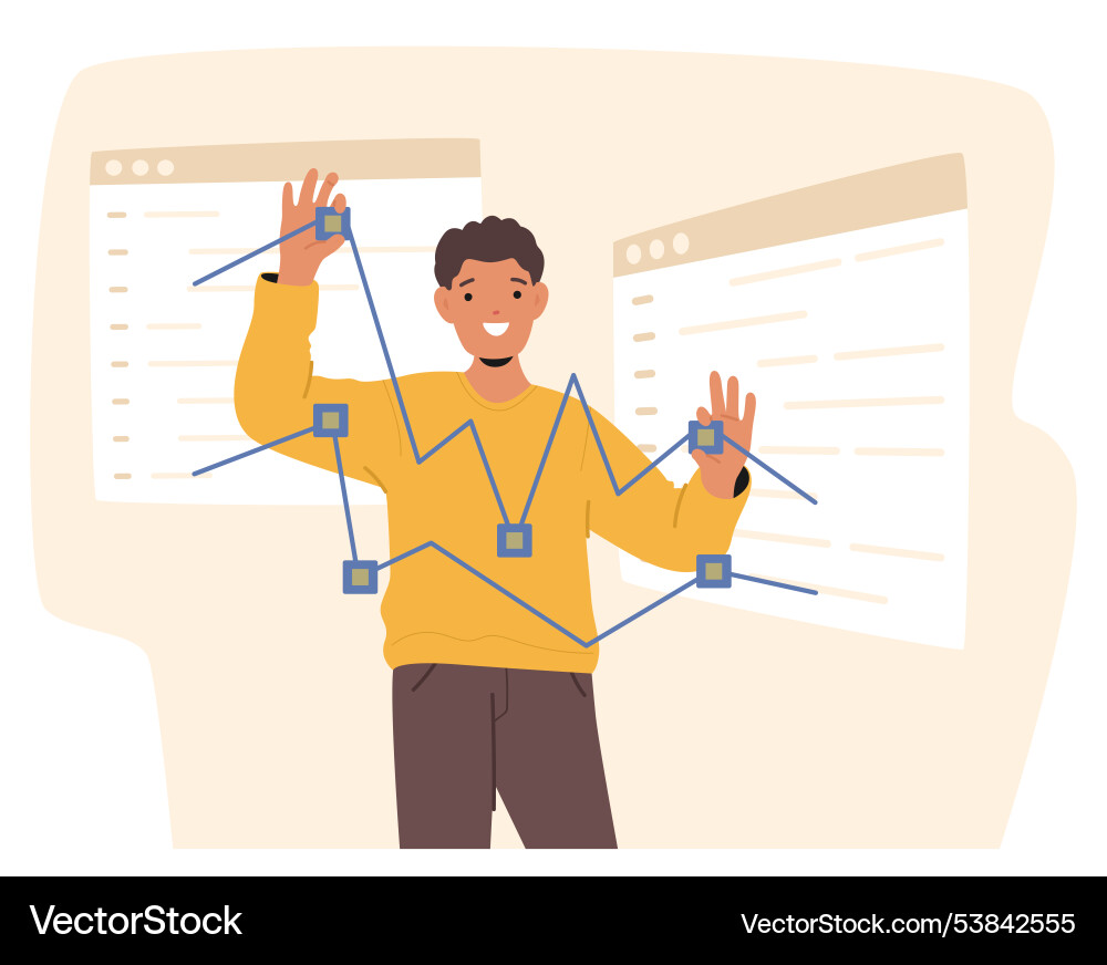 Smiling man interacts with a digital interface Smiling man interacts with a digital interface vector image