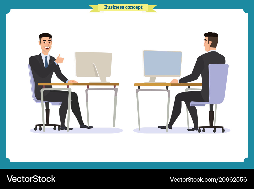 Male office worker poses sitting at computer Male office worker poses sitting at computer vector image