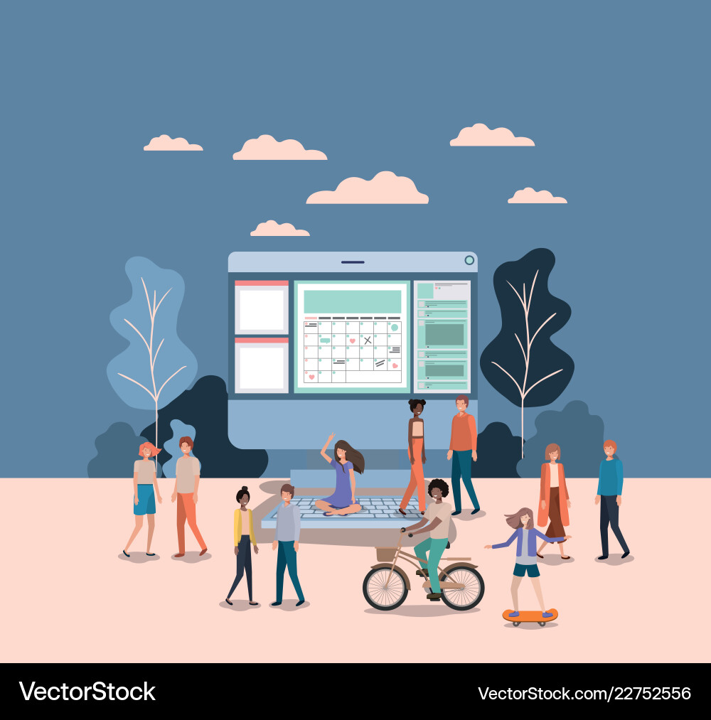 Mini people working in computer desktop vector image