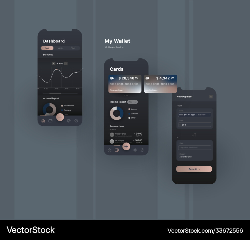 Mpbile wallet application three key screens vector image