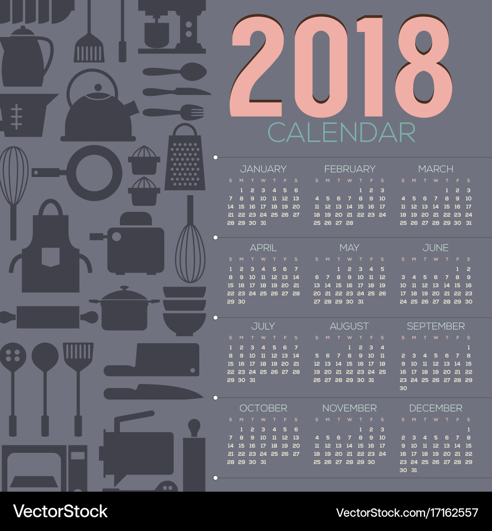 2018 cooking objects flat design calendar vector image