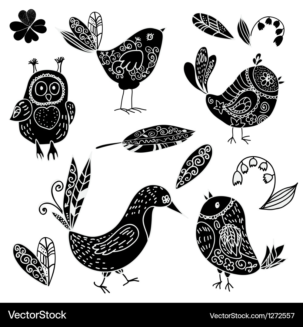 Black Bird & Flower Doodle Set vector image