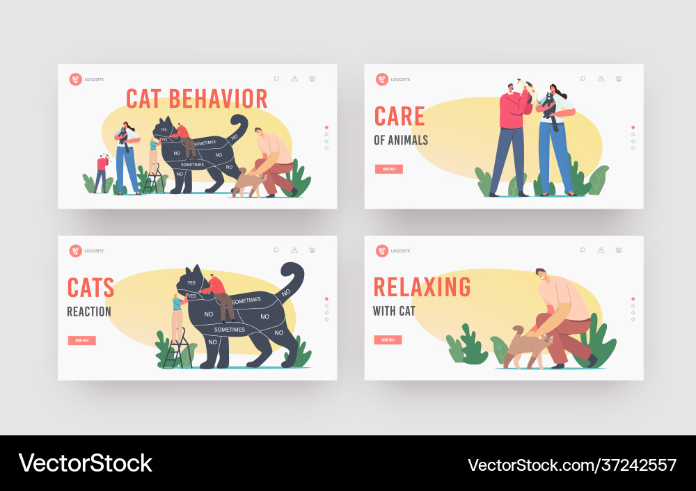 Cat behavior landing page template set tiny Cat behavior landing page template set tiny Vector Image
