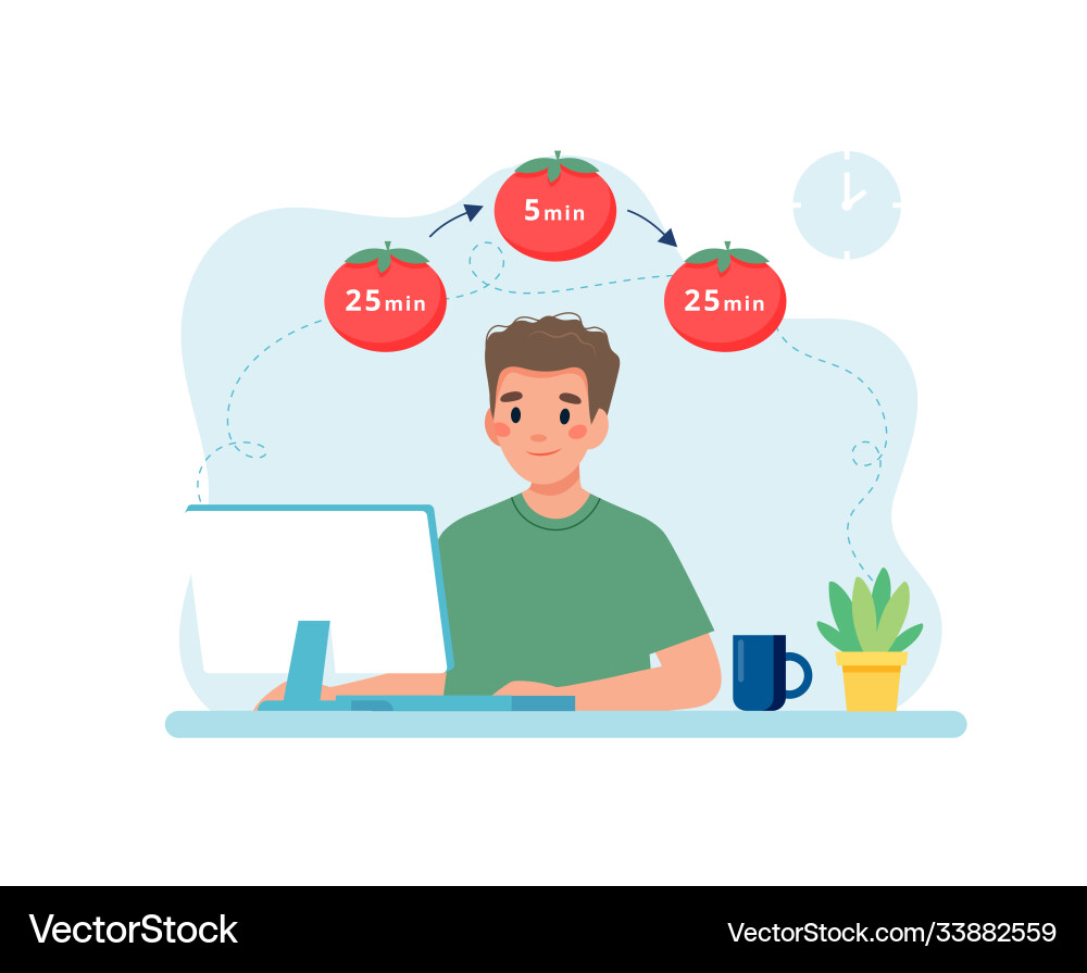 Mann mit Computer mit Zeitmanagement Mann mit Computer mit Zeitmanagement vektorbild